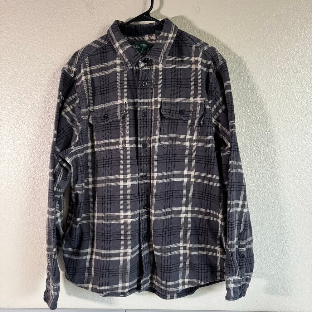 Woolrich 100% Cotton Brawny Flannel Shirt Shacket Gray Black Plaid Jacket Men XL